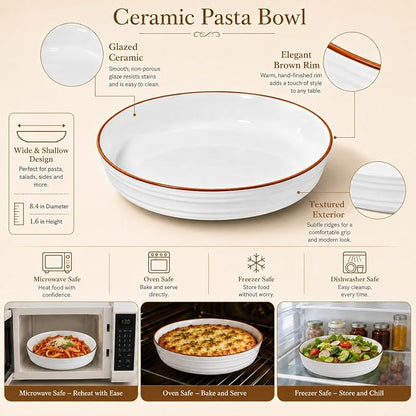 8 Inch Minimalist style Ceramic Pasta Bowls set of 4, 38 Oz White Serving Bowls - Image 5