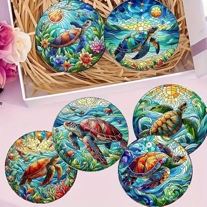 Coasters Set of 8, Wood Coasters for Drinks - Handcrafted Turtle Design Thick Heat-Resistant for Beer, Coffee, Office, Bar, Farmhouse Home Decor, Tabletop Protection, for All Cups