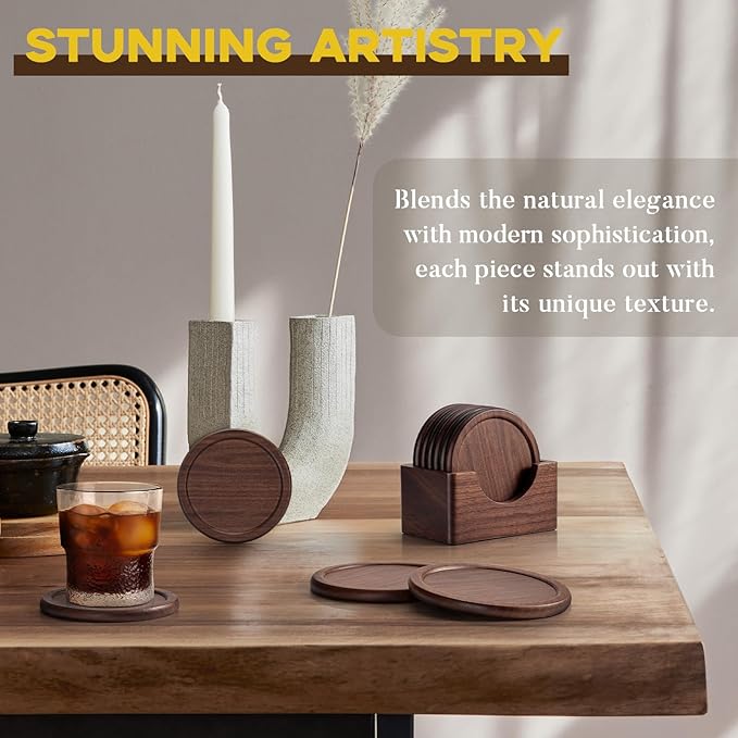 Wood Coasters with Holder, GOH DODD Set of 6 Walnut Wooden Coaster Tabletop - Image 3