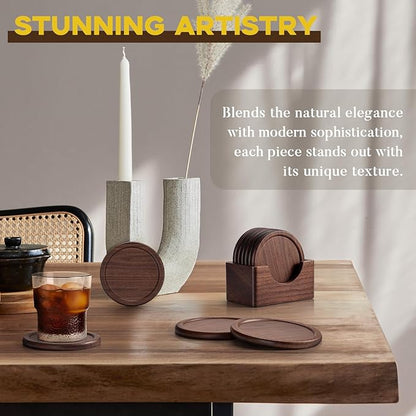 Wood Coasters with Holder, GOH DODD Set of 6 Walnut Wooden Coaster Tabletop - Image 3