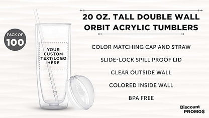 Custom Tall Orbit Acrylic Tumblers 20 oz. Set of 100, Personalized Bulk Pack - Perfect for Iced Coffee, Soda, Other Hot & Cold Beverages - Clear