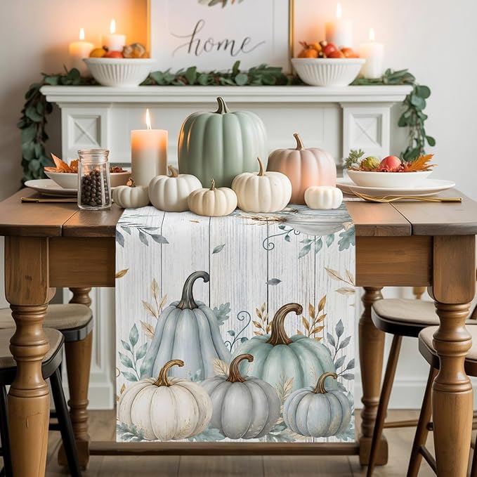 Gray Green Pumpkin Fall Table Runner 72 Inches Long, Thanksgiving Table Runners - Image 7