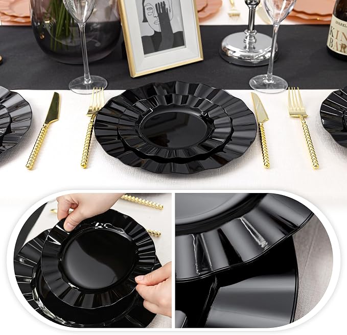 120PCS Black Plastic Plates, Wavy Plates | Heavy Duty Disposable Party Plates - Image 4