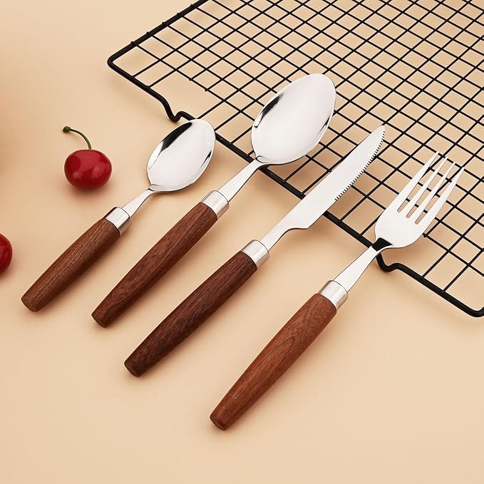4-Piece Wooden Handle Silverware Set, BRIIEC 304 Stainless Steel Flatware Set - Image 7