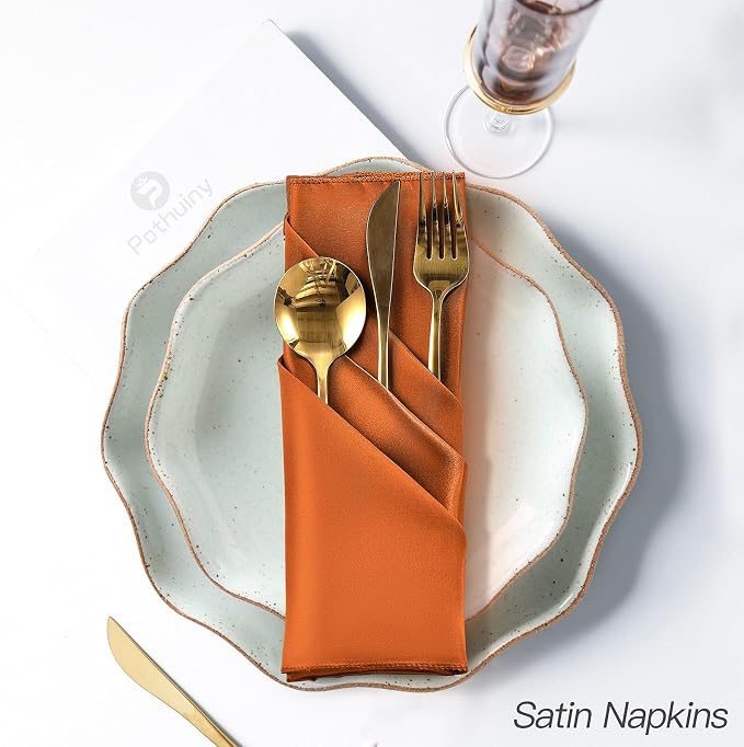P Pothuiny 12 Pcs Burnt Orange Satin Napkins 17x17 in, Satin Cloth Napkins | - Image 5