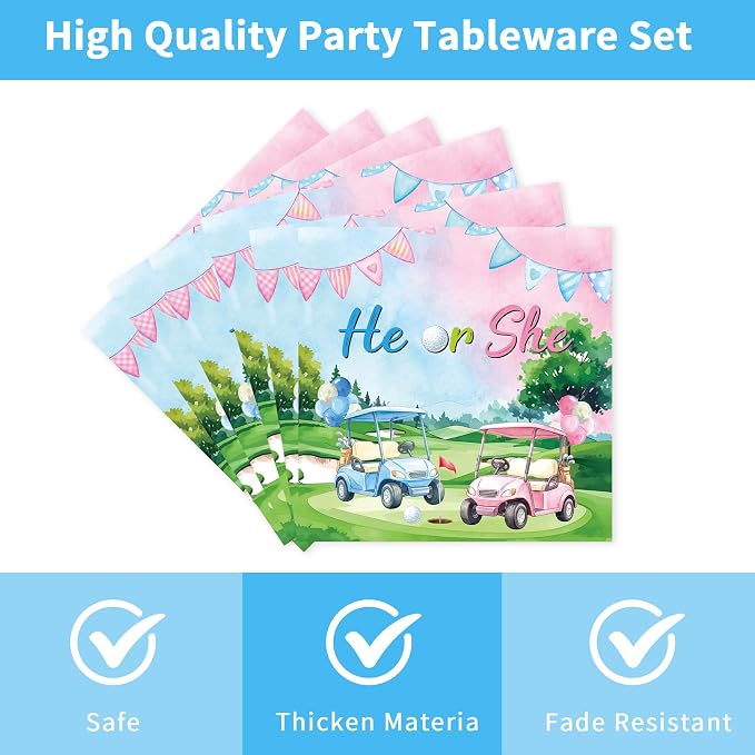 96 Pcs Golf Gender Reveal Decorations, He or She Tableware Set | Golf Cart Theme - Image 3
