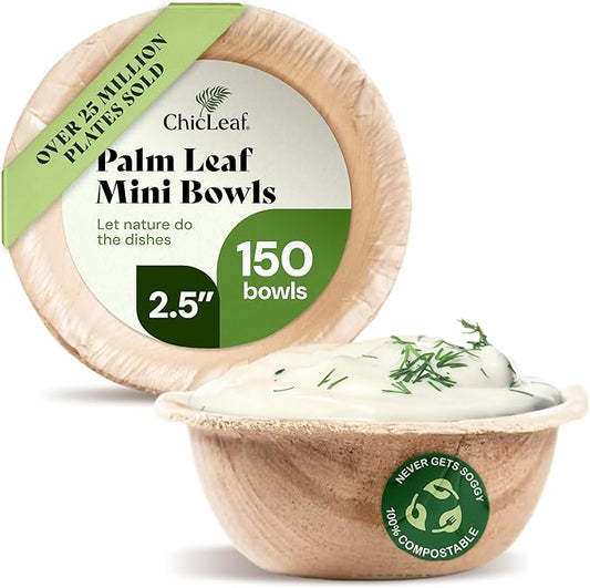 Chic Leaf Palm Leaf Bowls - Mini Disposable Bamboo Style Bowls for Parties, Winter Tasting Events, Romantic Dinner for 2, Event Appetizers - Compostable Party Supplies (2.5'' Round - 150 Pack)