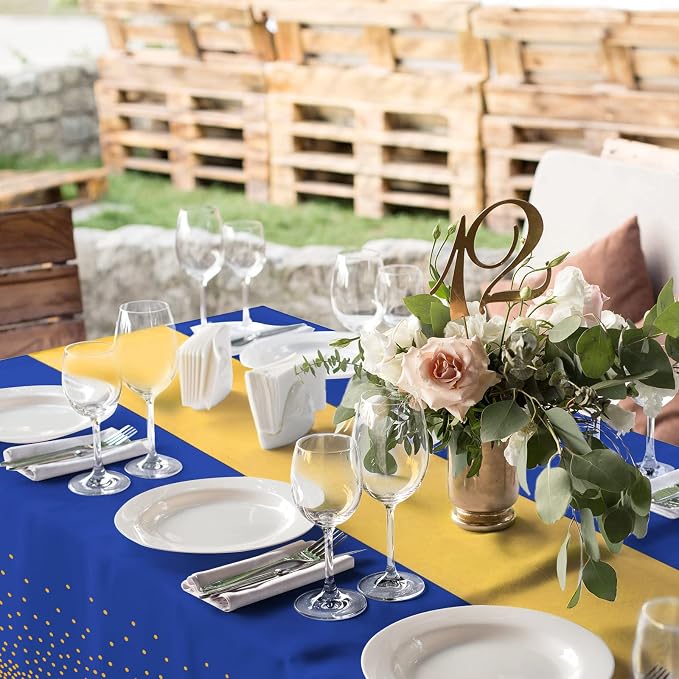 8Pack Disposable Plastic Tablecloths and Satin Table Runner Set Blue and Gold - Image 6
