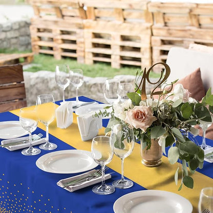 12Pack Disposable Plastic Tablecloths and Satin Table Runner Set Blue and Gold - Image 4