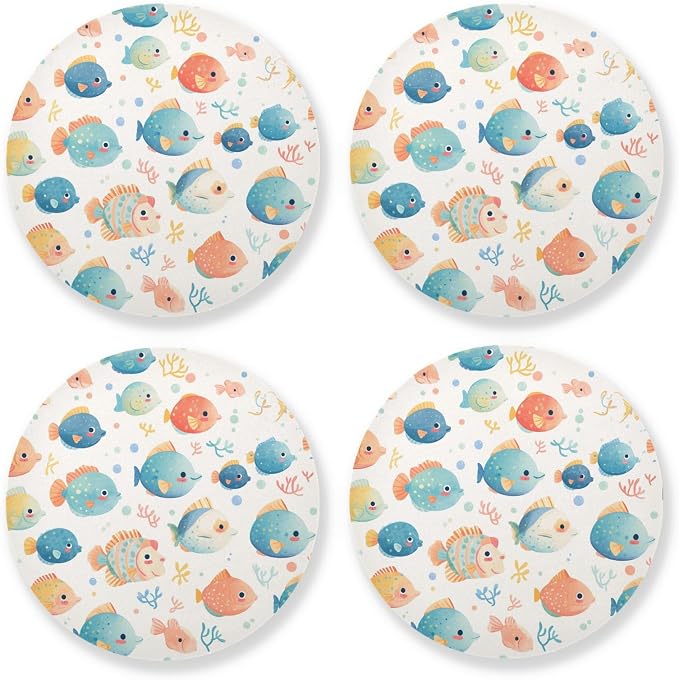 Puffer Hawaiian Fish and Seaweed Set of 4 Absorbent Drink Coaster Heat by KLL