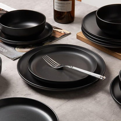 12-Piece Stoneware Dinnerware Set with Mugs | Microwave and Dishwasher Friendly | Stackable Matte Glaze Plates & Bowls | Service for 3 (Black for 4)