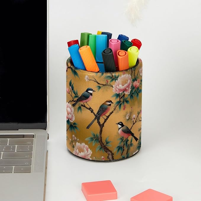 Leather Pen Holder for Desk, Peony Bird Pencil Cup Pen Organizer Makeup Brush - Image 5