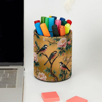 Leather Pen Holder for Desk, Peony Bird Pencil Cup Pen Organizer Makeup Brush - Image 5