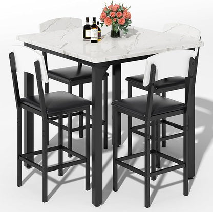 AWQM 5-Piece Dining Table Set, Dining Table Set for 4, Counter Height Table & 4 Bar Stools, Modern Kitchen Dining Set, with Upholstered Chairs, Compact Dining Set for Small Spaces, Marble Texture