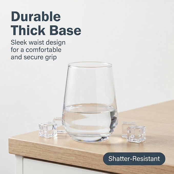 Lead-Free Clear Glass Cups Set 4-13oz., Thick Base Curved Drinking Cups - Image 2