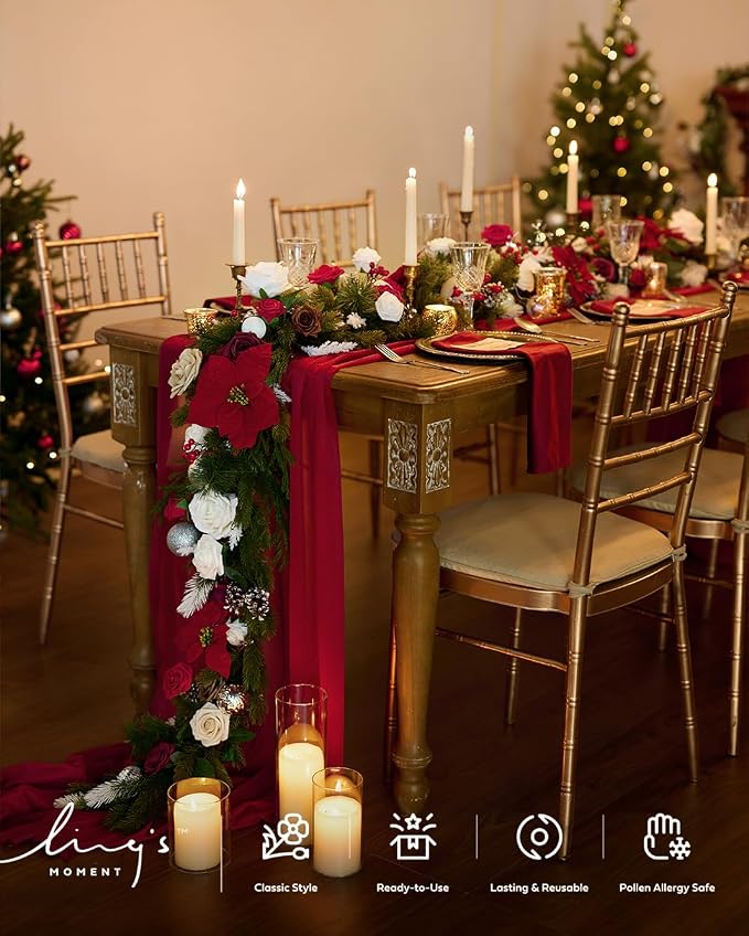 Ling's Moment 14Ft Red Table Runner, Wedding Sheer Chiffon Table Runners | - Image 3