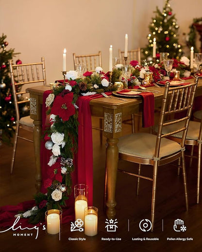 Ling's Moment 14Ft Red Table Runner, Wedding Sheer Chiffon Table Runners | - Image 3