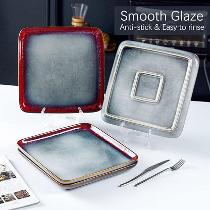 HENXFEN LEAD Square Ceramic Dinner Plates 11 Inch – Large Stoneware Serving Plates Set of 4 for Steak, Pasta & Salad, Microwave & Dishwasher Safe – Reactive Glaze Red
