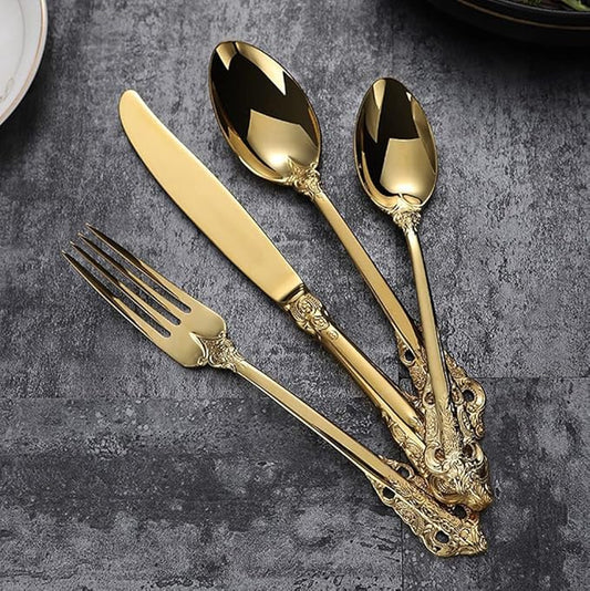 Gold Silverware Set for 16 Durable 18/10 Stainless Steel Flatware Set Palace Style Modern Cutlery Utensils Set 64 Piece Include Knives Forks and Spoons Tableware Set for Home Kitchen Restaurant