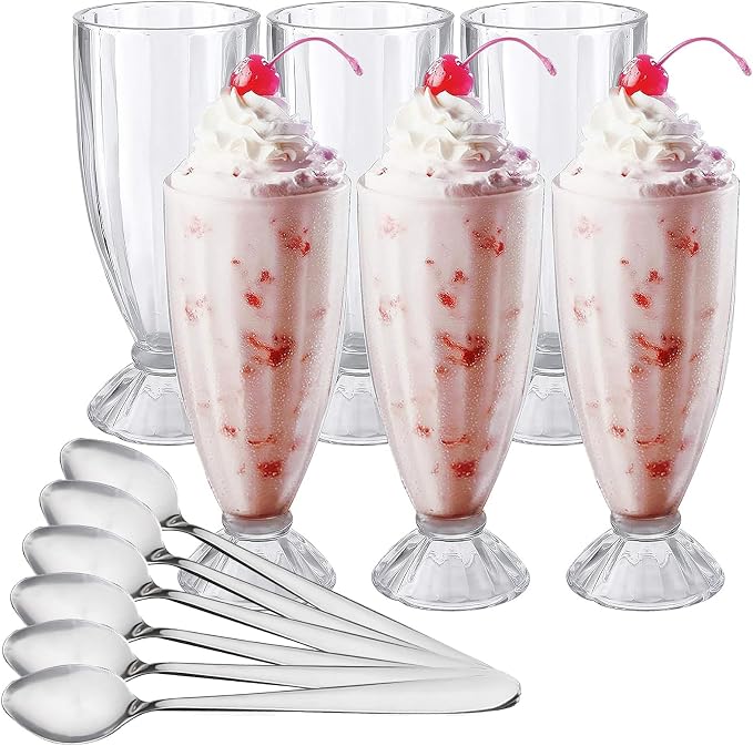 Cedilis Set of 6 Milkshake Glass, 12oz Old Fashion Sundae Cups, Retro Ice Cream by Cedilis