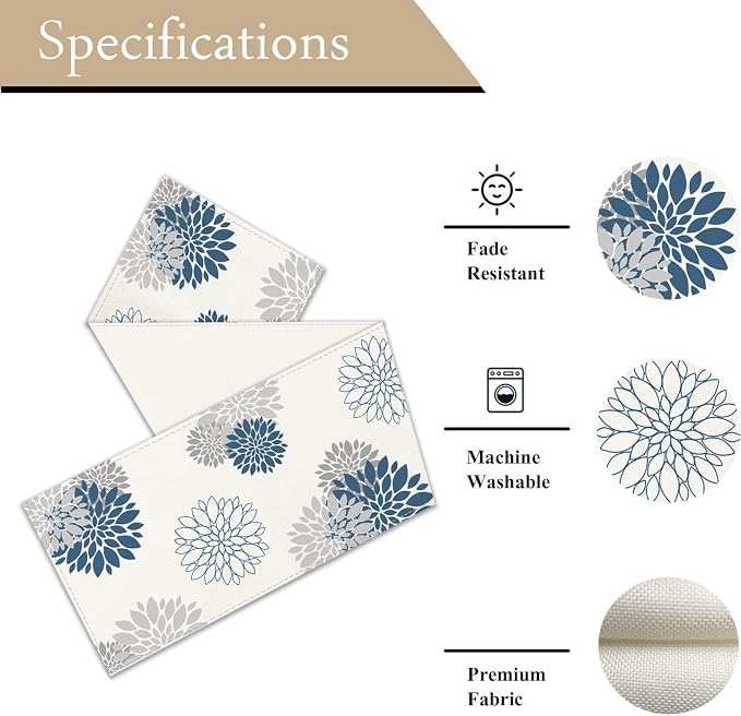 Blue Gray Table Runner Dahlia Pinnata Flower Beige Table Runners Modern Elegant - Image 6