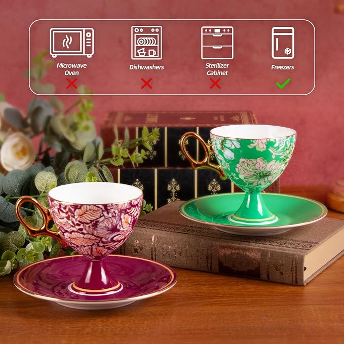KAMMAK Ceramic Coffee Cups and Saucers Set of 2, Porcelain Espresso Cups - Image 5