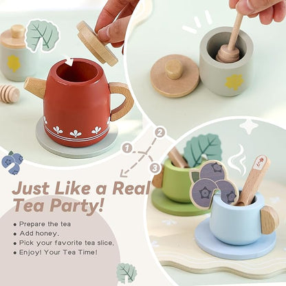 Wooden Tea Set for Little Girls, Play Food Sets for Kids Pretend Play Kitchen - Image 2