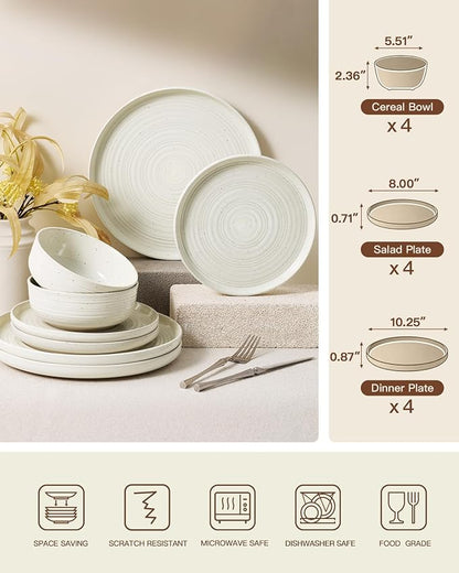 Stoneware Dinnerware Sets for 4, Plates and Bowls, Cream | 12-Piece Ceramic - Image 7