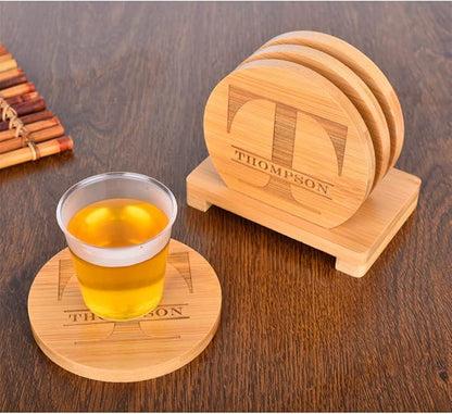 Personalized Coasters, Custom Engraved Coasters, Bamboo Coasters for Drinks, Monogram Coasters with Holder, Great Gifts for Relatives, Friends or Yourself (T, Set of 4)
