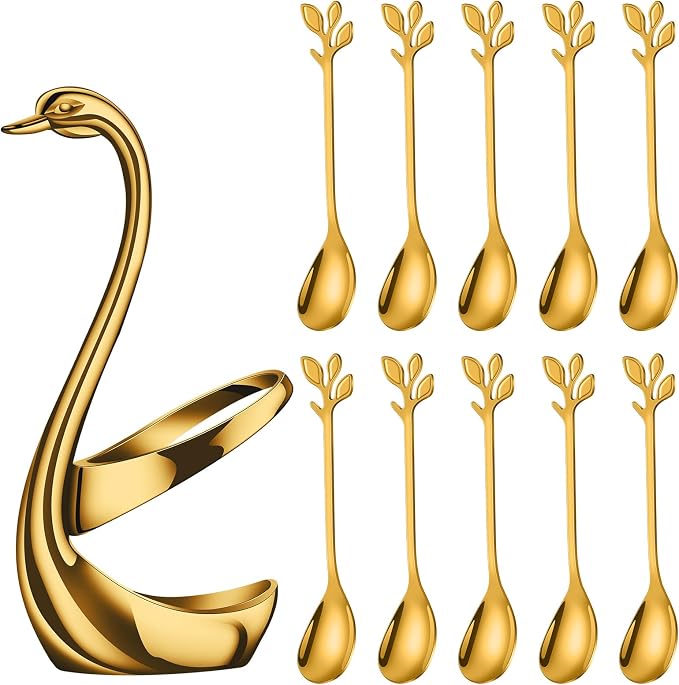 AnSaw Gold Swan Base With 10-Pcs Mini Leaf Coffee Spoon Holder Set by AnSaw