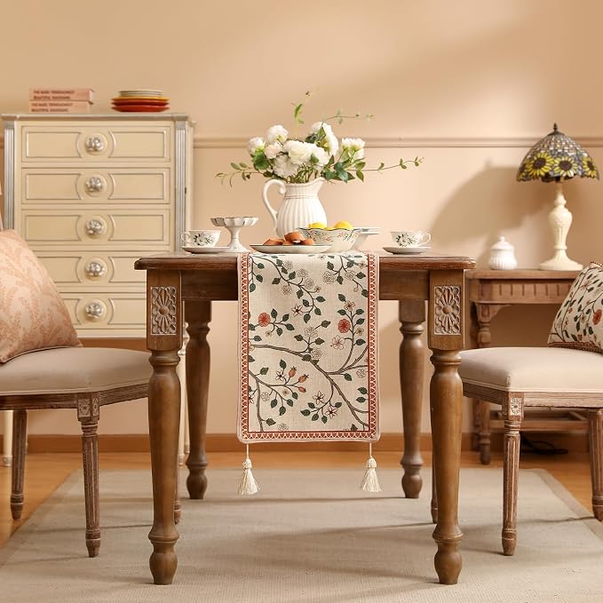 Designer French Linen Table Runner, Floral Pattern, Dining Table, Kitchen Decor - Image 3