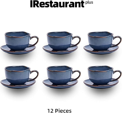 Organic Shape Highland Ceramic Coffee Cup and Saucer, 6pcs 8oz Handmade Reactive Glaze Saucer Sets with Wavy Edge, for Kitchen, Microwave & Dishwasher Safe, Scratch Resistant-Blue