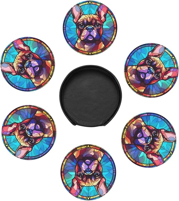 French Bulldog Stained Dog Breed Glass Art Leather Drinks Coasters - Image 2