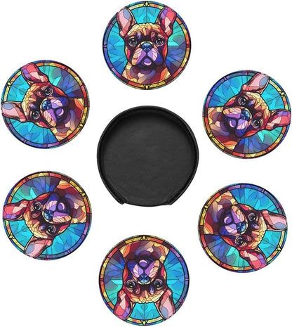 French Bulldog Stained Dog Breed Glass Art Leather Drinks Coasters - Image 2