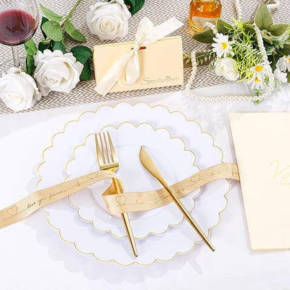 LIYH 60 Pcs Gold White Plastic Plates Scalloped Plastic Holiday Plates Disposable Gold Combo Plate Includes 30 Dessert & 30 Dinner Plate Dishes for Valentine's Day and Mother's Day