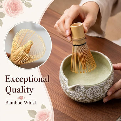Matcha Whisk Set, 7-Pc Ceramic Matcha Bowl Kit, Bamboo Whisk, （Rose Green） | - Image 3