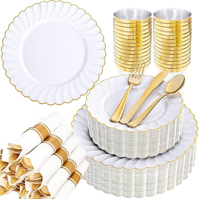 YOUBET 350PCS White and Gold Scalloped Plastic Plates by YOUBET