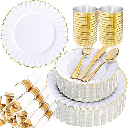 YOUBET 350PCS White and Gold Scalloped Plastic Plates by YOUBET