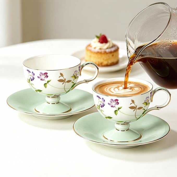 KAMMAK Tea Cups Set of 2, Ceramic Floral Pattern Demitasse Cup | Porcelain - Image 5