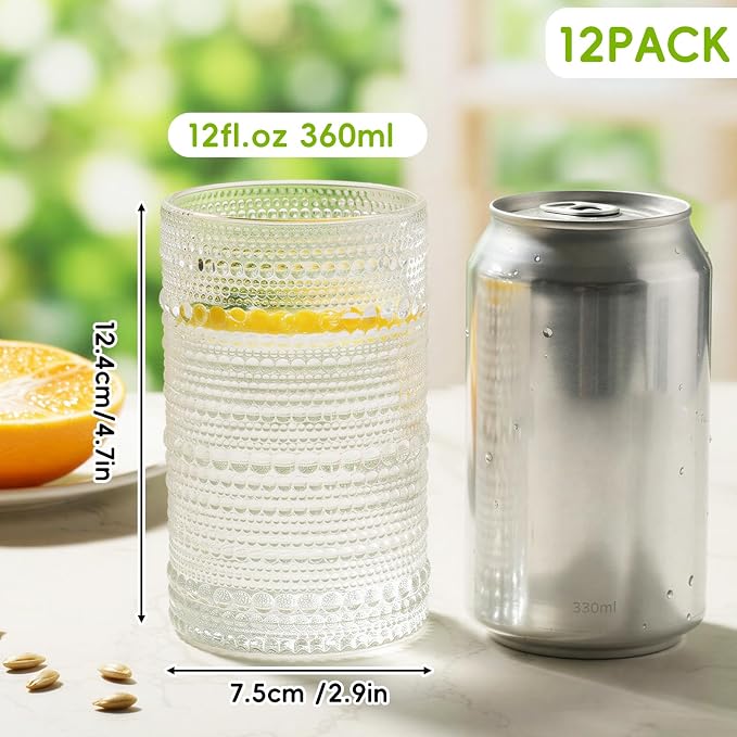 Moretoes 12 Oz Hobnail Drinking Glasses Set of 12 | Clear Highball Glasses Cups - Image 3