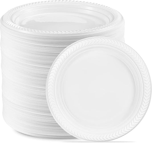 PLASTICPRO 800 PCS White Plastic Round 7 Inch Plates Premium Quality Light Weight Disposable Plastic Dishes Dinner Plates for Parties Weddings