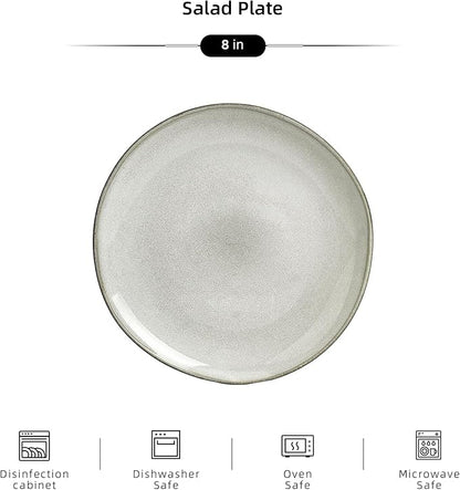 Organic Shape Highland Ceramic Salad plates, 6pcs 8 Inch Handmade Reactive Glaze Dinnerware Sets with Wavy Edge, for Kitchen, Microwave & Dishwasher Safe, Scratch Resistant-grey