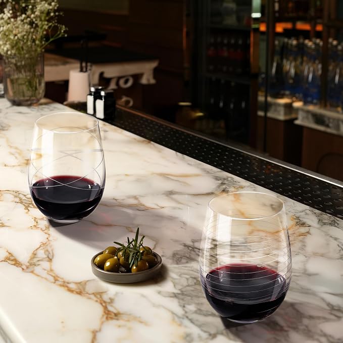 Joeyan Hand Blown Etched Stemless Wine Glasses - Image 3