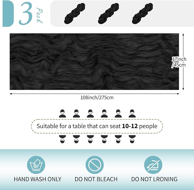 3 Pack Black Cheesecloth Table Runner 17x108 Inch Semi Sheer Boho Gauze Cheese - Image 2
