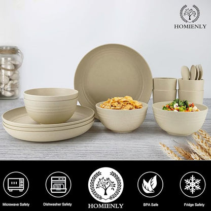 Homienly Wheat Straw Dinnerware Sets, 20pcs Lightweight Unbreakable Dinnerware, Microwave Dishwasher Safe Bowls Cups Forks Spoons set,Perfect for Camping Outdoor, Beige