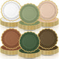 96 Pcs Woodland Green and Brown Paper Plates 9 Inch Gradient Scalloped Paper Disposable Dinner Dessert Plates for Birthday Wedding Bridal Party Supplies, 6 Colors