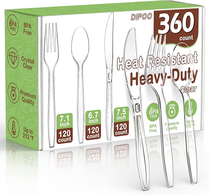 360 Count Plastic Silver Ware Heavy Duty, 120 Forks, 120 Spoons, 120 Knives by Dipoo