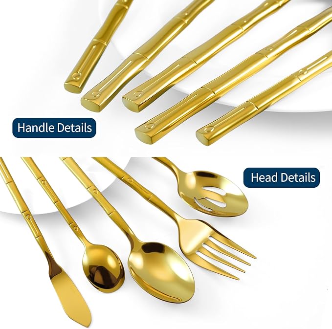Gold Silverware Set 45-Piece Bamboo Pattern Service - Image 5