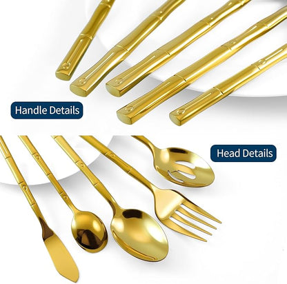 Gold Silverware Set 45-Piece Bamboo Pattern Service - Image 5
