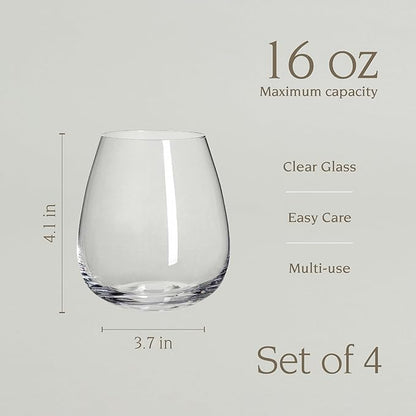 over&back 16oz Traditional Glassware - Set of 4 Classic Stemless Drinking Glasses for Parties, Get-togethers, and More - Mouth-Blown - Wine Cups for Kitchen and Dining Room - Clear
